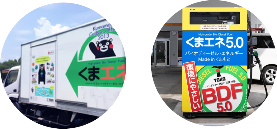くまエネのロゴが描かれたトラック、くまエネが使用できるガソリンスタンド