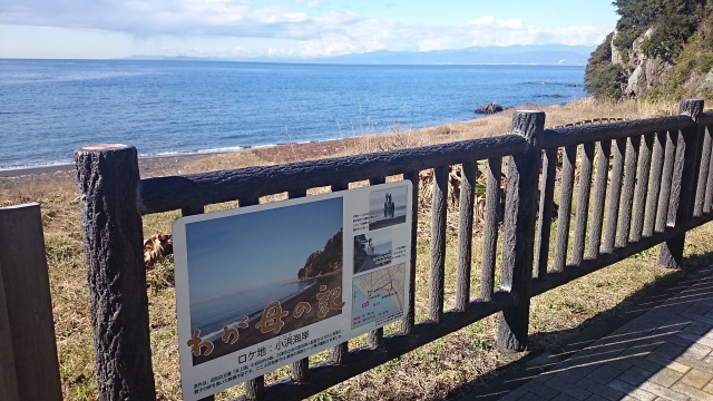 サインにもある通り、映画「わが母の記」の撮影場所となった、海沿いの公園です。
書かれてはいませんが、TBSドラマ「とんび」の撮影地でもありました。
撮影：2015年1月　午後
