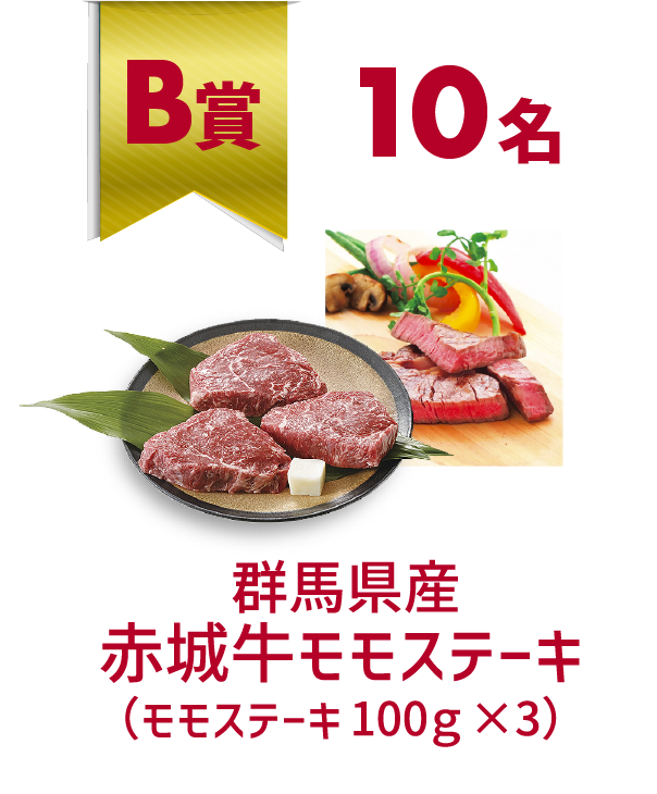 B賞 10名　群馬県産赤城牛モモステーキ（モモステーキ100g×3）